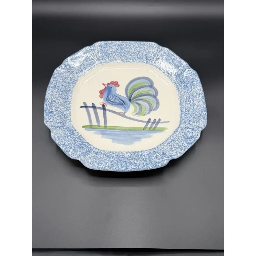 Vintage Rooster Chicken LA Pottery Blue Sponge Ware Dinner Plate Hand-painted